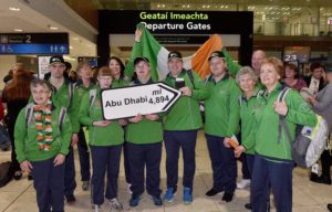 Team Ireland golfer Mairead Moroney from Ennis, Co Clare (left) with teammates at Dublin Airport ahead of Team Ireland’s departure for the Special Olympics World Summer Games in Abu Dhabi, United Arab Emirates. Photo by Matt Browne/Sportsfile