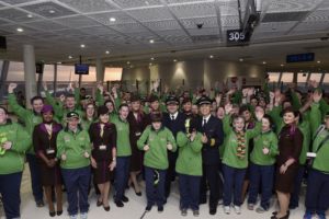 7 March 2019; Team Ireland ahletes including Co. Clare golfer, Mairead Moroney and Etihad cabin crew on the team's departure from Dublin Airport in advance of the Special Olympics World Summer Games in Abu Dhabi, United Arab Emirates. Photo by Matt Browne/Sportsfile *** NO REPRODUCTION FEE ***