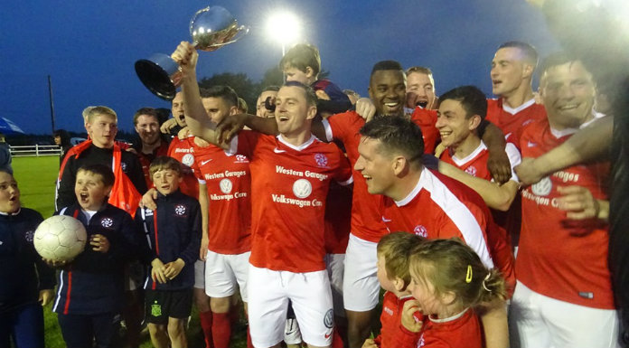 Newmarket Celtic celebrate winning the title. Photo (c) Clare District Soccer League Facebook