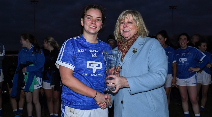 Marie Hickey, LGFA President, presents the player of the match trophy to Niamh O'De of Munster after the Ladies Football Interprovincial Final match between Munster and Connact at Kinnegad in Co Westmeath. Photo by Matt Browne/Sportsfile