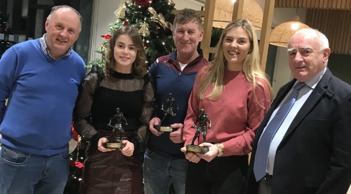 Barry Lynch, proprietor Elm Cafe with Chloe Philpott, Gerry Woods (representing Louise Woods, Eimear Kelly & Joe O’Donnell Clare Camogie Chairperson.