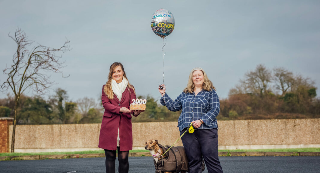 Rosie, who recently retired from racing, had the honour of being the 2000th dog to be rehomed in 2021 by the Irish Retired Greyhound Trust.  Rosie took up residence with her new owner Catherine Smith in Limerick in late November and celebrates with Joanne Murray (Welfare Officer, Greyhound Racing Ireland).
Pic. Brian Arthur