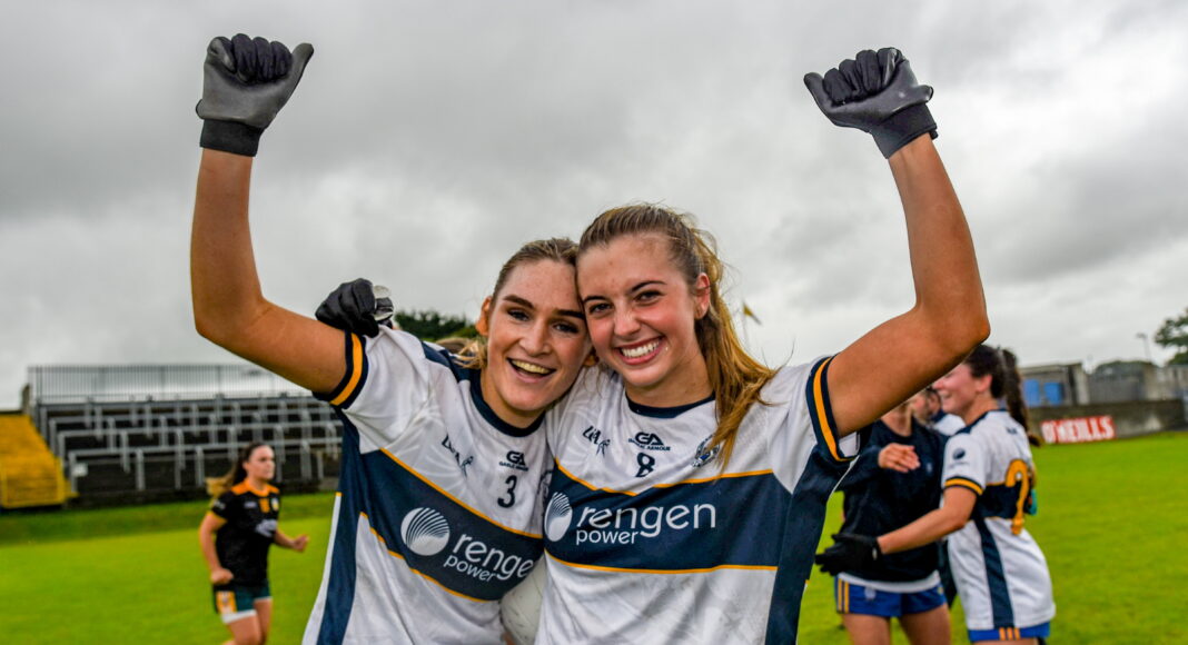 23 July 2023; Siofra Ni Chonaill, left, and Aisling Reidy of Clare celebrate their sides victory after the TG4 LGFA All-Ireland Intermediate Championship semi-final match between Antrim and Clare at Glennon Brothers Pearse Park, Longford. Photo by Tom Beary/Sportsfile *** NO REPRODUCTION FEE ***