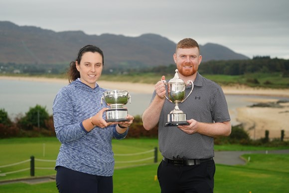Aideen Walsh and Ruairi O'Connor pictured with their trophies at Portsalon. Photo: Fran Caffrey / Golffile.