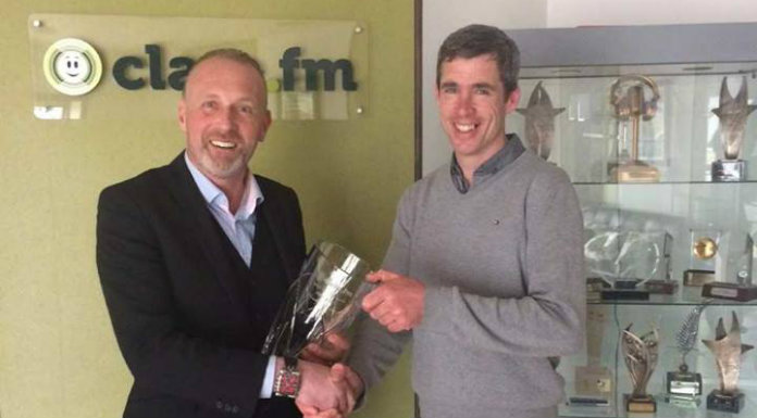 Derek O'Connor, receiving his Manix Menswear Sports Star of the Month Award for March.  Pic © Clare FM