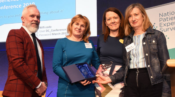 Patrick Lynch, HSE National Director, Quality Assurance and Verification Division, presenting a special recognition to Ennis Hospital for Best Overall Experience in a Hospital in NPES 2018 to Margaret Gleeson, Chief Director of Nursing and Midwifery, UL Hospitals Group; Patricia O’Gorman, Operational Director of Nursing, Ennis Hospital and Patricia Buckley, Clinical Placement Coordinator, Ennis Hospital