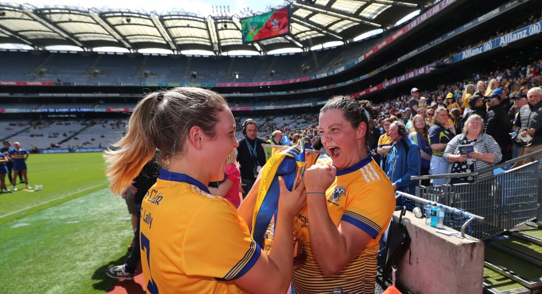 Caoimhe Lally & Laura McMahon celebrate Clare's All Ireland Premer Junior Camogie title. Pic (c) Camogie Association