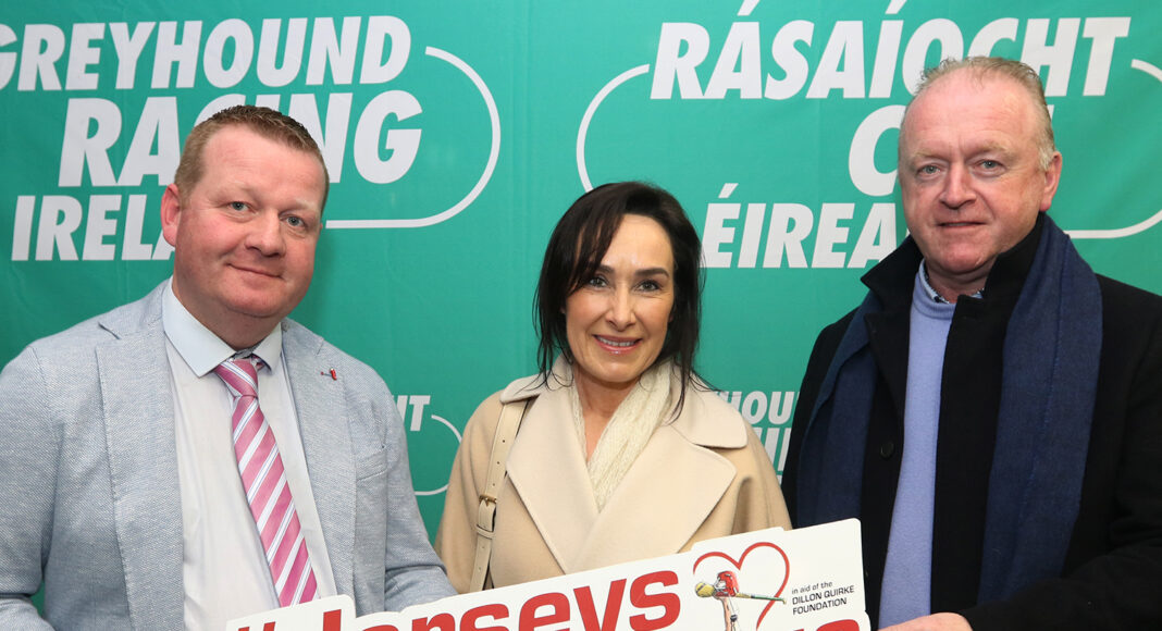 Hazel and Dan Quirke launching the Jerseys At The Dogs fundraising event at Greyhound Stadia nationwide with Derek Frehill of Greyhound Racing Ireland