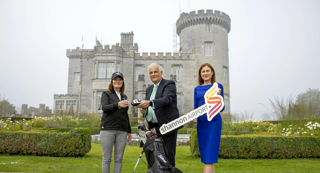 REPRO FREE
Shannon Group partners with KPMG Women’s Irish Open on Shannon Airport

sponsorship

Tuesday 9 th August 2022: Shannon Group has today announced its official partnership, under its
Shannon Airport brand, with the KPMG Women’s Irish Open.
The renowned tournament will take place on Dromoland Castle’s 450-acre estate from September
22nd to 25th.
Top golfers from across Europe will descend upon County Clare for the anticipated return of the
Ladies European Tour (“LET”) event, for the first time in Ireland since 2012.
The premiere event will see 126 of the best professionals on the Ladies European Tour and leading
Irish Amateurs take to the 18-hole Championship Course, including selected star players from the
LPGA Money List.
CEO Shannon Group Mary Considine said,” We are delighted to become an official partner of the
KPMG Women’s Irish Open, which is being held on our doorstep, at the acclaimed Dromoland Castle,
providing an opportunity to highlight the fantastic golfing talent we have here in this country and
promote Shannon Airport to a world-wide TV audience.
Pictured on the 18th green at Dromoland Castle are L-R Katrina O'Neill, Dromoland Lady Captain 2022, Mark Nolan, General Manager of Dromoland Castle Hotel & Country Club and Mary Considine , CEO Shannon Group. Pic Arthur Ellis.