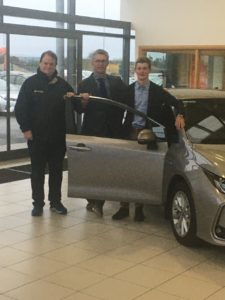 Rhys Williams, pictured with Clare FM's Gavin Grace and with Jason Cummins of Cummins Car Centre, Ballymaley, Ennis as he received the Clare FM/Cummins Car Centre Sports Star of the Month Award for December 2019.