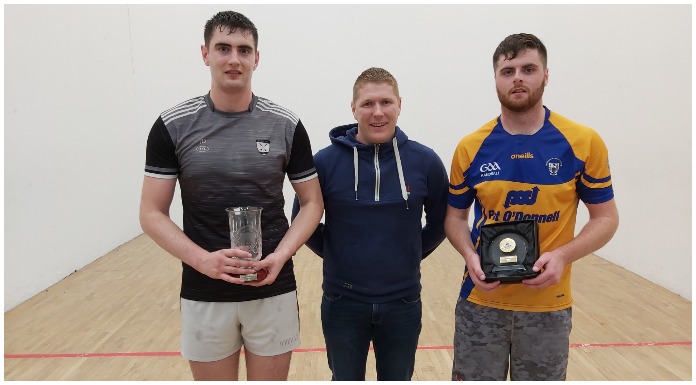 Clare Open 2019 Winner - Niall Bolton, Clare Handball Chairperson - Eoghan Hynes, Runner-up - Fergal Coughlan Jnr